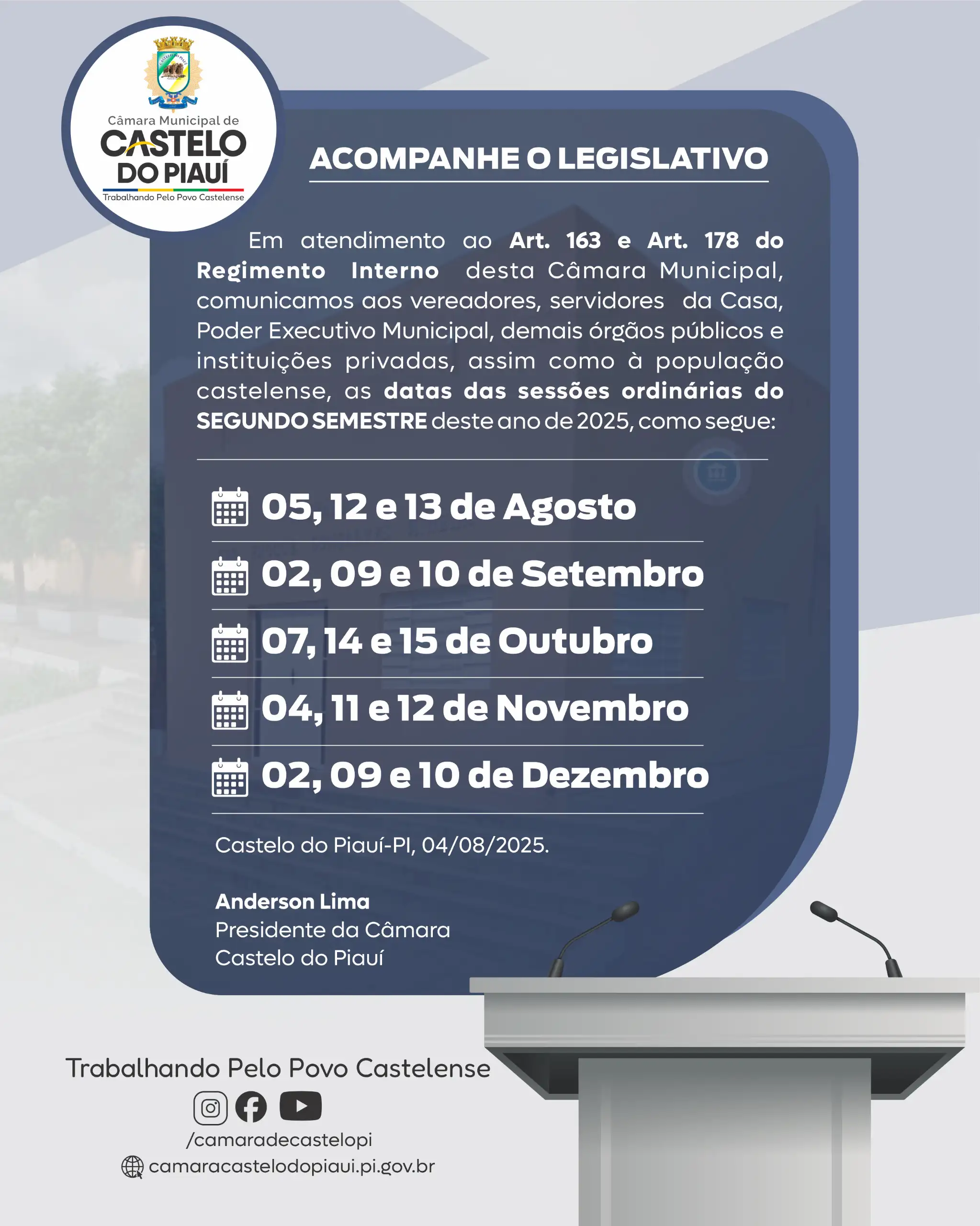 Sessões da Câmara – 2º Semestre de 2025